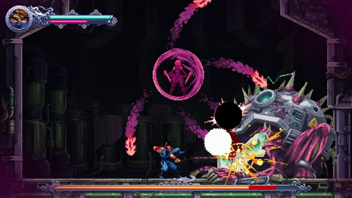 A ghostly ninja performs a super magic attack on a mecha tutrle boss.